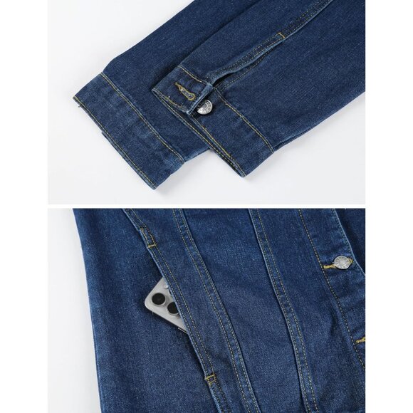 Women's Oversized Mid Long Denim Jacket Jean Biker Coat Long Sleeves Dark Blue - Picture 7 of 9